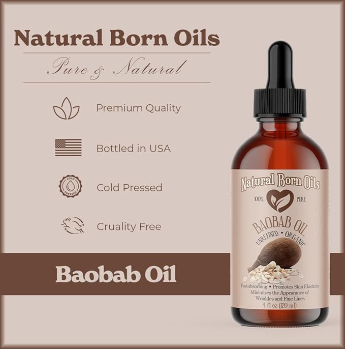 Natural Born Oils 4oz Baobab Oil, 100% Pure and Natural, Organic, Cold-pressed, Unrefined, Non-comedogenic, Moisturizing, Includes Pump & Dropper