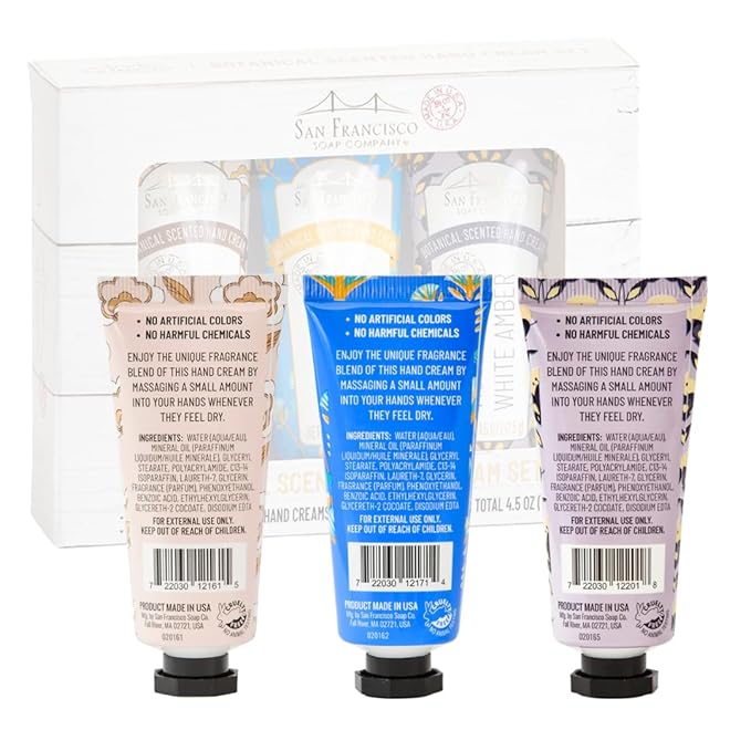 San Francisco Soap Company Botanical Hand Cream 3 Piece Set | Jasmine & Sandalwood, Lotus & Shea Butter, Violet & White Amber | Made in USA |