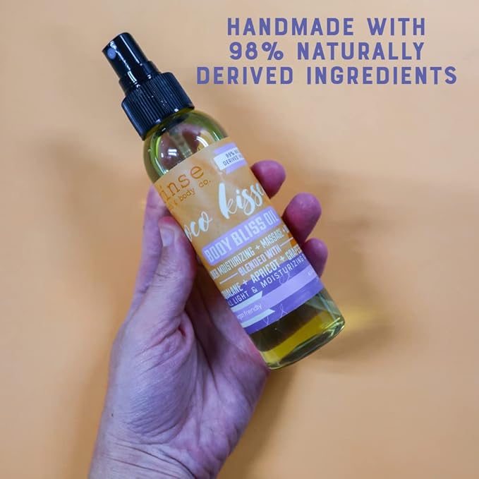 Rinse Bath & Body Coco Kissed Body Oil Moisturizer Spray - Natural, Light & Fast Absorbing | Squalane, Grapeseed & Apricot Oil | All Skin Types | Shower & Massage | Vitamin E | Handmade | 4floz