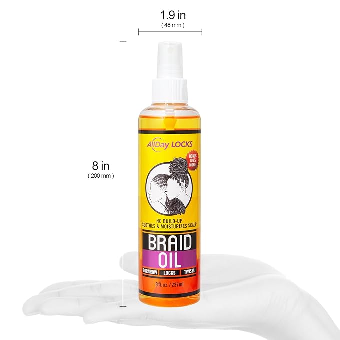 AllDay Locks Braid Oil (8 oz) | Moisturizes, Strengthens Hair & Scalp | Soothes & Relieves Tension | Grape, Orange, Olive Oil | Nourish & Protect Braids, Locks, Twists, Cornrows | 8 oz