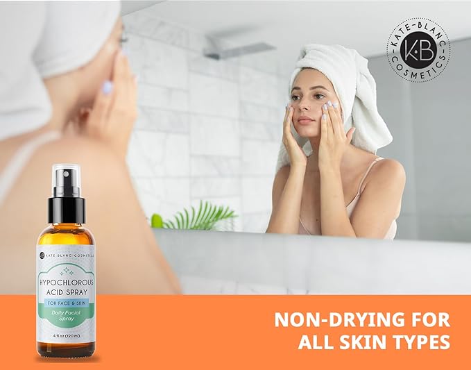 Kate Blanc Cosmetics Hypochlorous Acid Spray for Face and Skin. Gentle Facial Cleanser for Acne and Body with .02% HOCl (4oz)