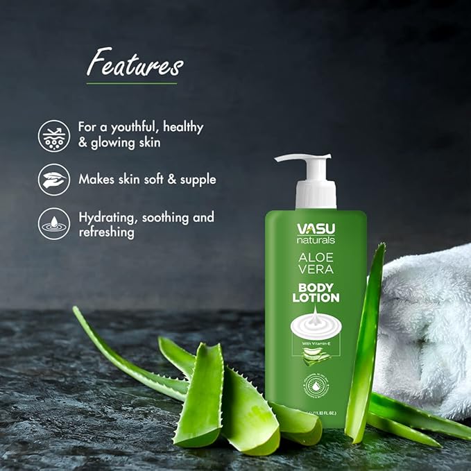 Vasu Naturals Aloe Vera Body Lotion with Vitamin E for dry skin, Lightweight face moisturizer, hand cream for extremely dry skin, lotion for women, lotion for men -11.83 fl oz each (Pack of 2)