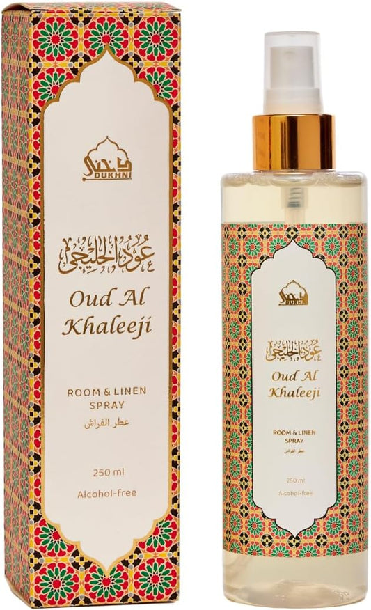Oud al Khaleeji Arabic Room Spray by Dukhni | 250ml Oud fragrance Air Freshener, Attar al Faraash for home & prayer mats | Bed linen, Sofa Mist, natural home scent, curtain spray, odour eliminator