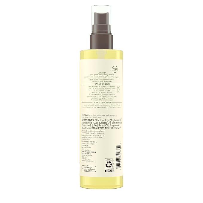 Aveeno Daily Moisturizing Dry Body Oil Mist with Oat & Jojoba Oil for Dry, Rough, Sensitive Skin, Lightweight, Non-Greasy, Body Spray, Paraben, Silicone & Phthalate-Free, 6.7 fl oz