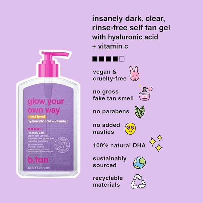 b.tan Clear Self Tanning Gel & Face Spray Kit | Glow Your Own Way Next Level + Gradual Facial Tan Mist Bundle - Dark, 1 Hour Express, Transfer-Resistant Fake Tanner, with Body Mitt Applicator