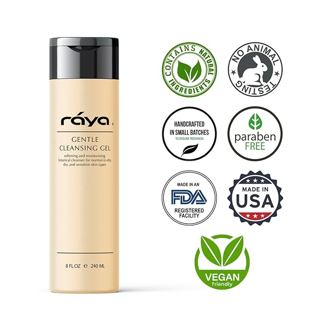 Raya Gentle Facial Cleansing Gel 8 oz (104) | Softening and Moisturizing Botanical Cleanser for Dry and Sensitive Skin| Helps Hydrate Smooth Complexion