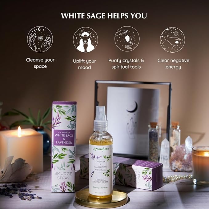 White Sage & Lavender Smudge Spray by Aromafume | 100ml/3.3 oz | Sage Spray for Cleansing Negative Energy & Protection | Non-Toxic | Room Spray for Spiritual Cleansing, Smokeless Sage Smudging