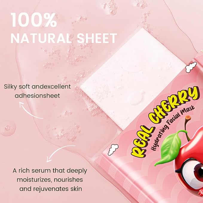 Kaely 12 Pack Cherry Face Masks for Kids, Kids Face Mask Spa Day Kit Supplies, Spa Party Favors for Teens Girls Women, Sheet Facial Mask Skincare Gifts Set, Moisturize Soothe for All Skin Types, 05