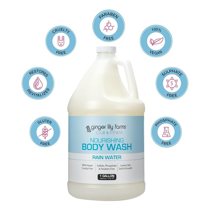 Ginger Lily Farms Club & Fitness Nourishing Body Wash, 100% Vegan & Cruelty-Free, Bath & Shower Gel for Men and Women, Rain Water Scent, 1 Gallon (128 fl. oz.) Refill