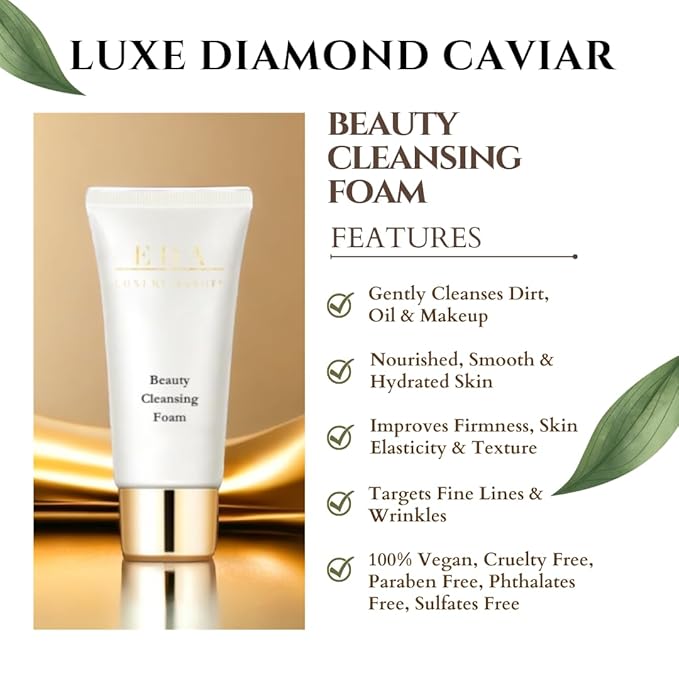 Luxe Diamond Caviar Beauty Cleansing Foam - Anti-Aging With Caviar Extract Collagen, Daily Anti-Wrinkle Face Cleanser, Hydrating & Tightening Pores - Vegan & Paraben-Free