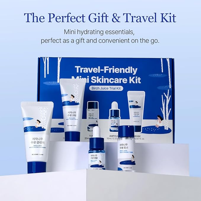 ROUND LAB Birch Juice Moisturizing Mini Kit, 4-Step Travel Size Skincare Set (Cleanser, Toner, Ampoule, Cream) | Korean Moisturizer, Hydrating Routine | Soothing Care for Acne-Prone, Sensitive Skin