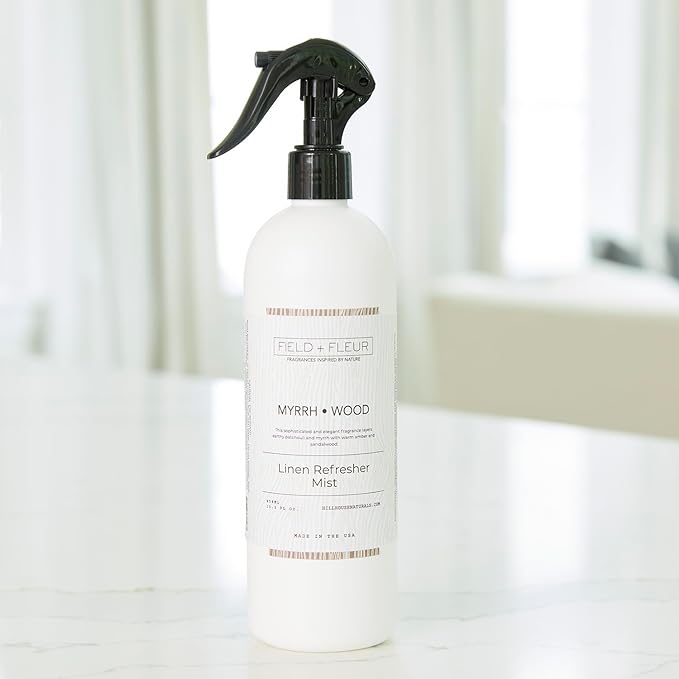 Field + Fleur by Hillhouse Myrrh Wood Linen Refresher Mist 15.5oz - Elegant Home Fragrance Spray for Bedding, Sofas, & Clothes - Patchouli, Myrrh, Amber & Sandalwood - Made in the USA
