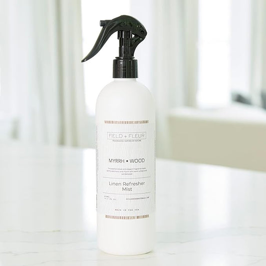 Field + Fleur by Hillhouse Myrrh Wood Linen Refresher Mist 15.5oz - Elegant Home Fragrance Spray for Bedding, Sofas, & Clothes - Patchouli, Myrrh, Amber & Sandalwood - Made in the USA
