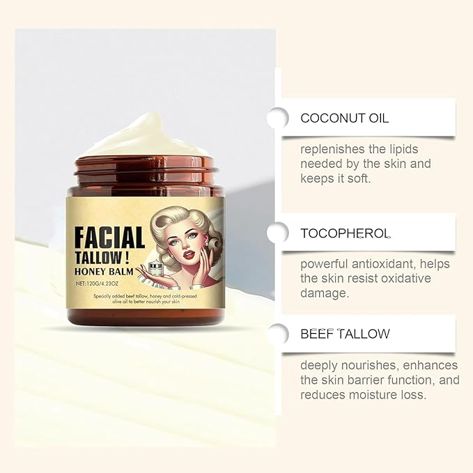 Beef Tallow for Skin,Tallow and Honey Balm,Tallow Face Moisturizer Beef Tallow for Face,Grass Fed Grass Finished Organic Faces Cream,Moisturizer,Body Lotion,Skin Care,Body Cream(1PC)
