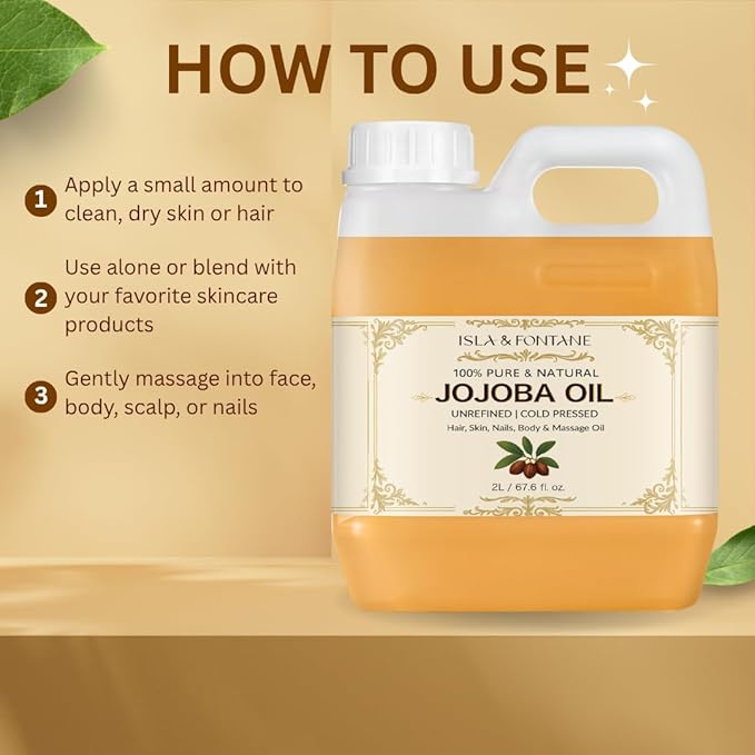 ISLA & FONTANE Jojoba Oil Set – 2L/67.6 Fl Oz | 100% Pure & Natural | Golden, Unrefined, Cold Pressed | 2 Dropper Bottles & Beauty Massager | Hexane-Free Carrier Oil for Skin, Hair, Face, Nails & Body