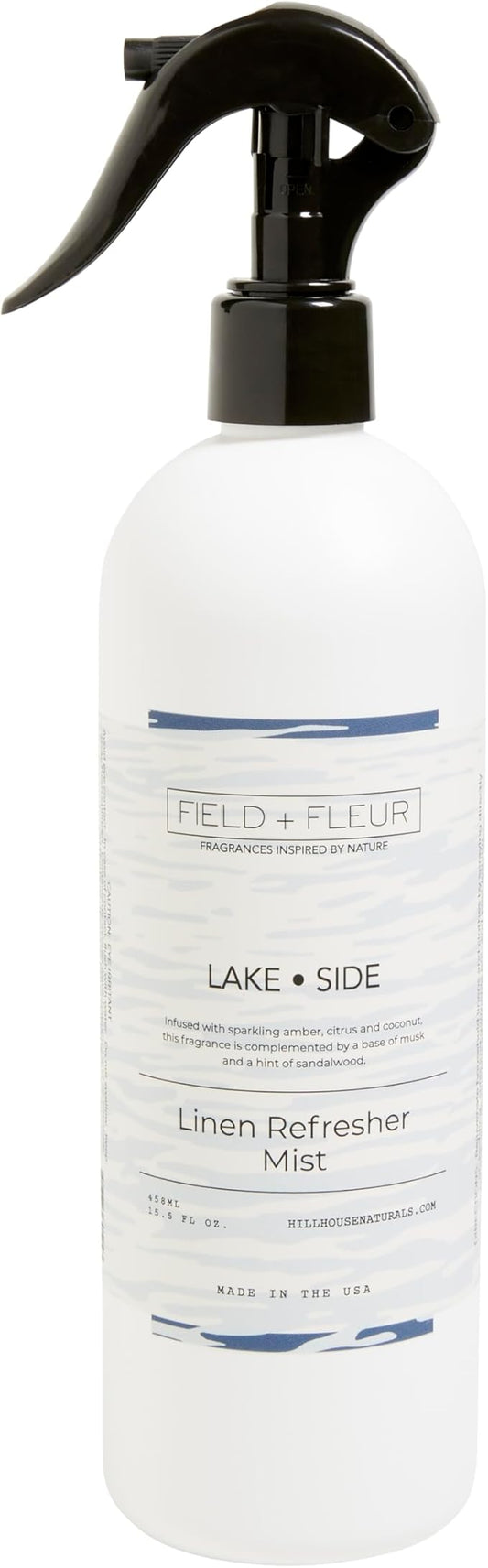 Field + Fleur by Hillhouse Naturals Lake Side Linen Refresher Mist 15.5oz - Fresh Home Fragrance Spray for Bedding, Sofas & Clothes - Amber, Citrus, Coconut, Musk & Sandalwood - Made in the USA