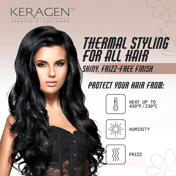 KERAGEN Heat Protectant Spray for Hair, 8 Oz – Thermal Styling for All Hair – Shiny, Frizz-Free Finish – Keratin, Collagen