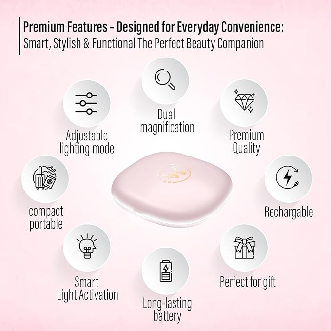 LED Compact Mirror – 1x & 10x Magnification | Travel Makeup Mirror with Adjustable Lighting | Handheld & Pocket-Sized Portable Mirror with Protective Pouch (Pink)