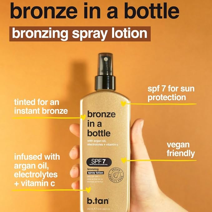 b.tan SPF 7 Sun Tanning Lotion Spray | Bronze In a Bottle - Best Tan Intensifier, Browning Outdoor Bronzing Accelerator, Packed with Argan Oil, Electrolytes, & Vitamin C, Austrailian Brand, 8.45 Fl Oz