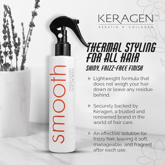 KERAGEN Heat Protectant Spray for Hair, 8 Oz – Thermal Styling for All Hair – Shiny, Frizz-Free Finish – Keratin, Collagen