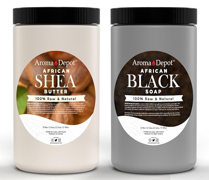 Raw African Black Soap & Shea Butter Ivory / White2 lbs / 32 oz COMBO PACK Cleanser and Moisturizer Set 100% Raw-Pure Unrefined I For all skin types I Can be used for Hair, Body and Face I