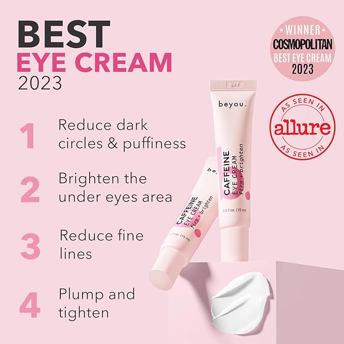 Beyou. Caffeine Eye Cream - K-Beauty Clean Skin Care - Anti-Aging Hydrating Under Eyes Cream with Caffeine and Hyaluronic Acid - Reduces Puffiness, Dark Circles & Fine Lines - Korean Skincare - 0.5 oz