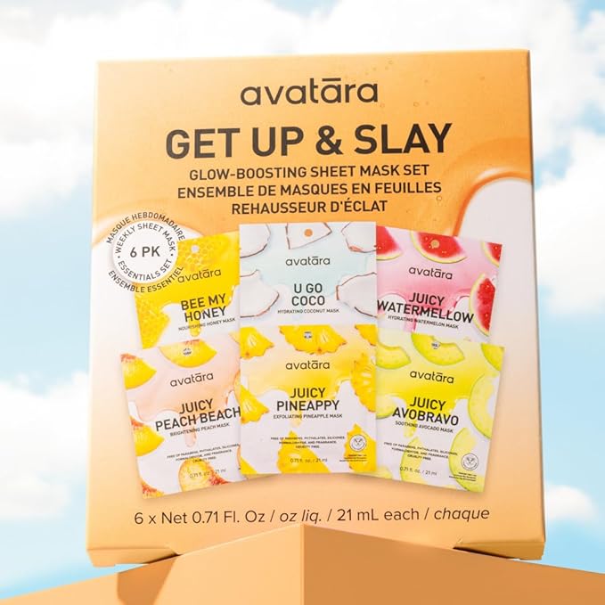 Avatara Get up & Slay 6-Pack Sheet Mask Set, Beauty and Skincare Face Masks Collection | Natural Extracts, Hydrating Skin Care Set | All Skin Types | Packaging May Vary