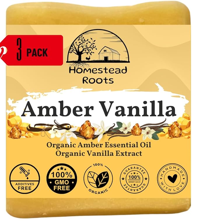 -Amber Vanilla- Handcrafted with Grass-Fed Beef Tallow and Organic Oils - Scented with Organic Essential Oils - Artisanal Bar Soap - 3 Pack - Each Bar Unique