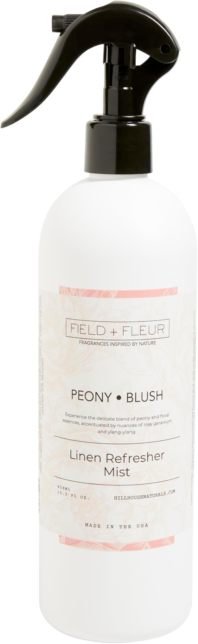 Field + Fleur by Hillhouse Naturals Peony Blush Linen Refresher Mist 15.5oz - Fresh Home Fragrance Spray for Bedding, Sofas & Clothes - Peony, Geranium & Ylang-Ylang - Made in the USA