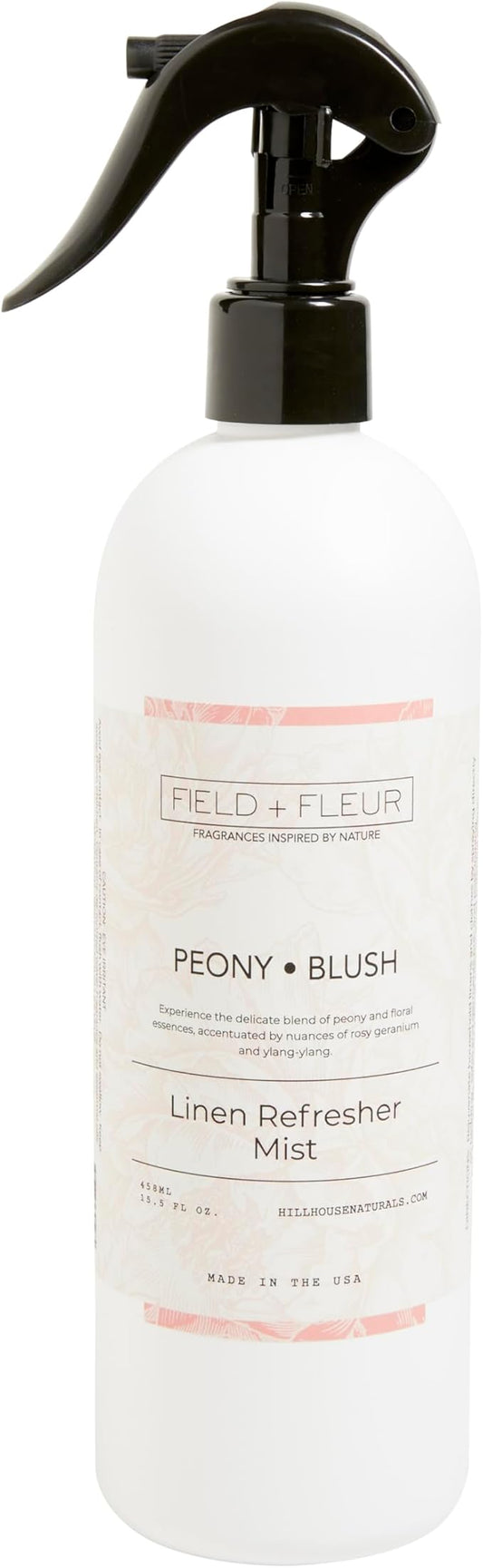 Field + Fleur by Hillhouse Naturals Peony Blush Linen Refresher Mist 15.5oz - Fresh Home Fragrance Spray for Bedding, Sofas & Clothes - Peony, Geranium & Ylang-Ylang - Made in the USA