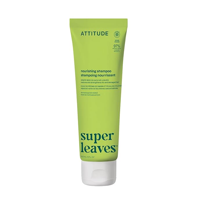 ATTITUDE Nourishing Hair Shampoo, EWG Verified, For Dry and Damaged Hair, Naturally Derived Ingredients, Vegan, Plant Based, Grapeseed Oil and Olive Leaves, 8 Fl Oz
