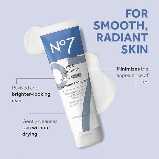 No7 Lift & Luminate Dual Action Cleansing & Exfoliating Face Wash - Gentle Face Exfoliator with Vitamin C, E & B5 - Deep Pore Cleanser for Dull & Uneven Skin Tone (3.3 Fl Oz)