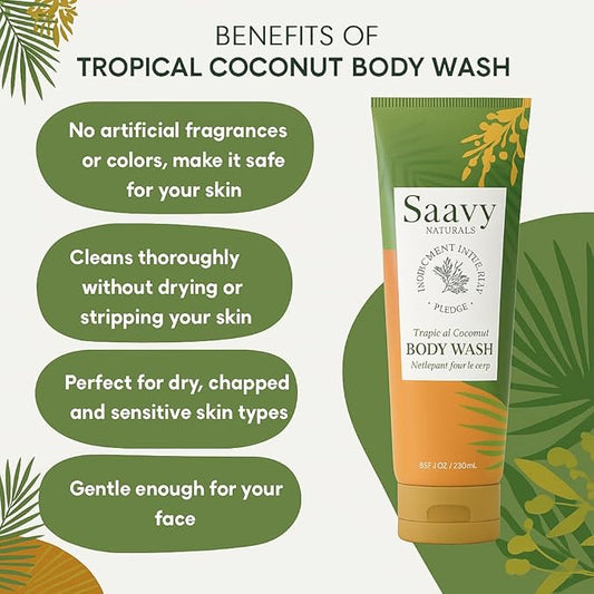 Saavy Naturals Body Wash Tropical Coconut Plant-Based Ingredients| Made In Usa | Sensitive Skin Body Wash, l Organic & Vegan Formula With Coconut Oil, Shea Butter, And Aloe Vera - 8.5 Fl Oz, 2 Pack