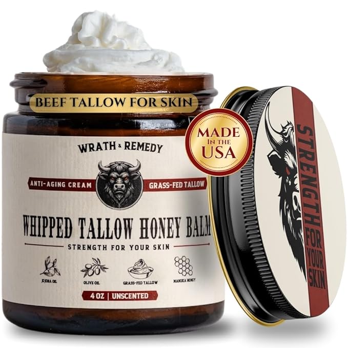 Organic Beef Tallow for Skin - 4 OZ (Unscented) — Grass Fed Beef Tallow for face + Body — US-Made Whipped Tallow and Honey Balm Moisturizer for Dry and Sensitive Skin, Eczema, Rosacea (No Additives)