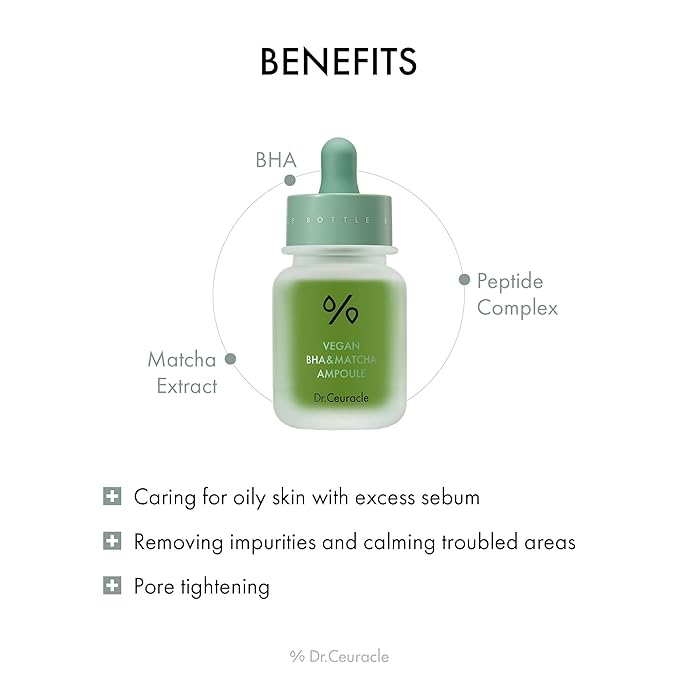 Dr.Ceuracle Vegan BHA & Matcha Ampoule - Gentle Exfoliating Facial Serum, Salicylic Acid for Pores and Sebum Treatment (30ml / 1.01 fl. oz.)