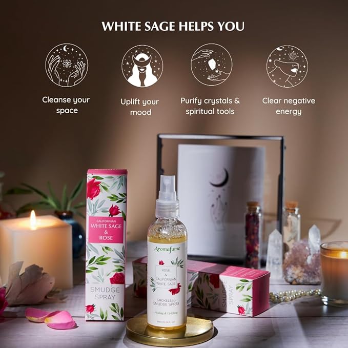 White Sage & Rose Smudge Spray by Aromafume | 100ml/3.3 oz | Sage Spray for Cleansing Negative Energy & Protection | Room Spray for Spiritual Cleansing, Smokeless Sage Smudging