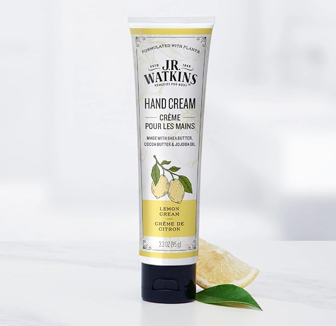 J.R. Watkins Natural Moisturizing Hand Cream, Hydrating Hand Moisturizer with Shea Butter, Cocoa Butter, and Avocado Oil, USA Made and Cruelty Free, 3.3oz, Lemon Cream, Single