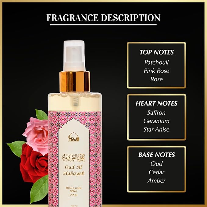 Oud al Habayeb Arabic Room Spray by Dukhni | 250ml Oud fragrance Air Freshener, Attar al Faraash for home & prayer mats | Bed linen, Sofa Mist, natural home scent, curtain spray, odour eliminator