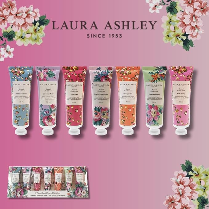 Laura Ashley Hand Cream Gift Set – 7 Piece Travel Size Lotion Collection for Women, Mini Hand Cream for Dry Skin, Moisturizing Hand Lotion with Lavender, Rose, Magnolia & More – 30ml Each