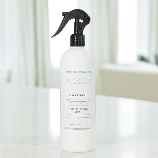 Field + Fleur by Hillhouse Naturals Sea Grass Linen Refresher Mist 15.5oz - Fresh Home Fragrance Spray for Bedding, Sofas & Clothes - Blackcurrant, Jasmine & Sandalwood - Made in the USA