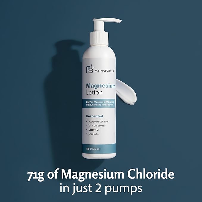 M3 Naturals Unscented Magnesium Lotion for Sleep & Leg Cramps, Suitable for Sensitive Skin, Helps with Muscle Relaxation, Soothes Tired Legs & Foot Aches and Supports Restful Nights, 8 fl oz