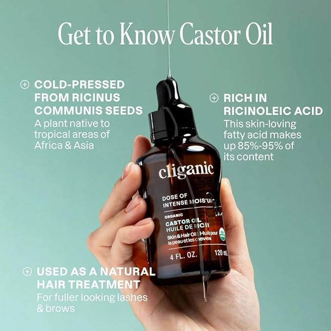 Cliganic Organic Castor Oil, 100% Pure (16oz with Eyelash Kit) - For Eyelashes, Eyebrows, Hair & Skin | Bulk, Natural Cold Pressed Unrefined Hexane-Free | DIY Carrier Oil