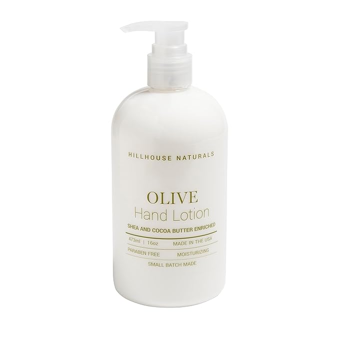 Hillhouse Naturals 16oz Olive Hand Lotion. With scents of Gorjum Balsam, Cedarwood, Rosemary, Patchouli and Olibanum. Made in the USA