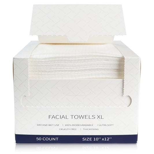 Face Towels Disposable, 12” x 10” Biobased Facial Towelettes, Large Soft & Thick Dry Wipes for Gentle Skincare, Face Washing & Makeup Removal, Lint-Free Clean Facial Towels, 50 Count