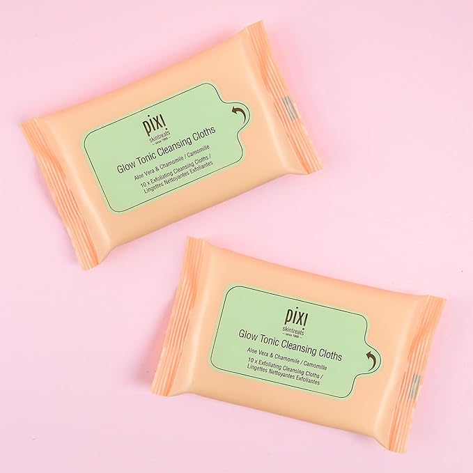 Pixi Beauty Glow Tonic Cleansing Cloths | Cleansing, Exfoliating, and Hydrating Disposable Face Towelettes | 3 Packs of 10 Face Wipes (30 Wipes Total)