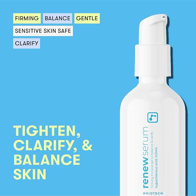 BRIOTECH Renew Serum, Hypochlorous Acid Mineral Gel, Soften Fine Line Appearance, Smooth Skin for Face, Neck, Chest, Spot Corrector, Soothe Redness, Vegan, 2 fl oz