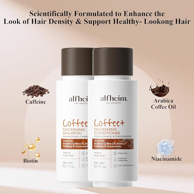 Alfheim Caffeine Shampoo and Conditioner Set - Strengthens Hair, Biotin, Niacinamide - 10.7 oz Each