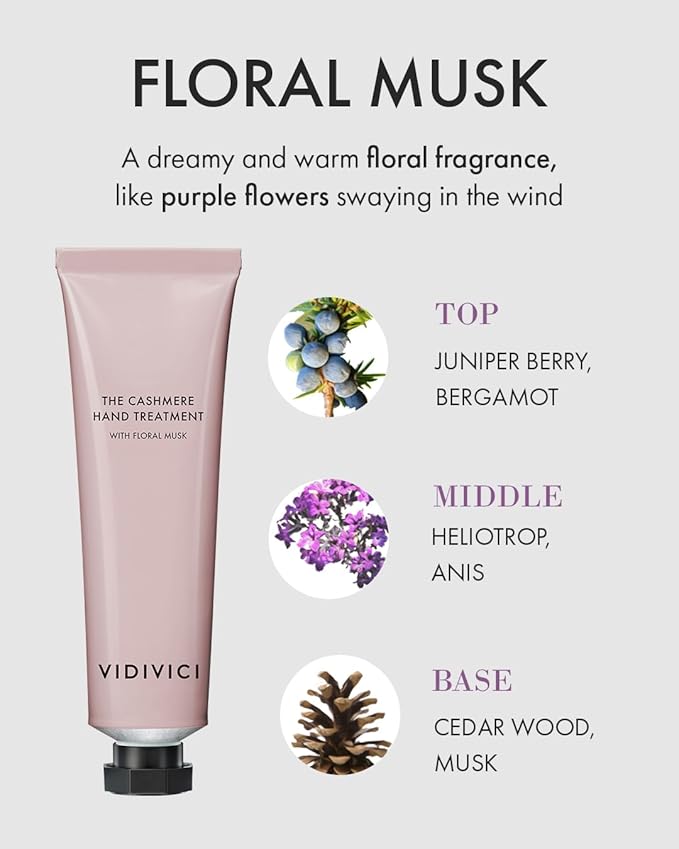VIDIVICI The Cashmere Hand Cream with Shea Butter – Floral Musk Scented Moisturizer for Dry & Cracked Hands – Repairs Skin Barrier – Soft Silky Texture – 1.69oz