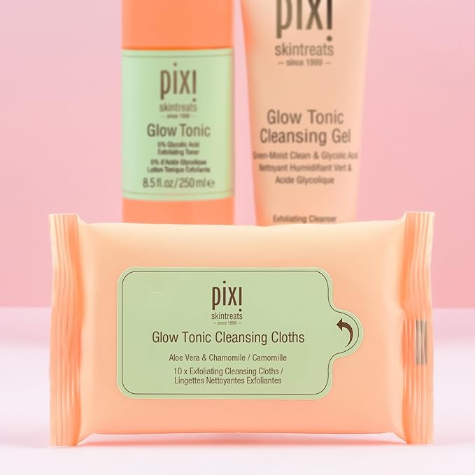 Pixi Beauty Glow Tonic Cleansing Cloths | Cleansing, Exfoliating, and Hydrating Disposable Face Towelettes | 3 Packs of 10 Face Wipes (30 Wipes Total)
