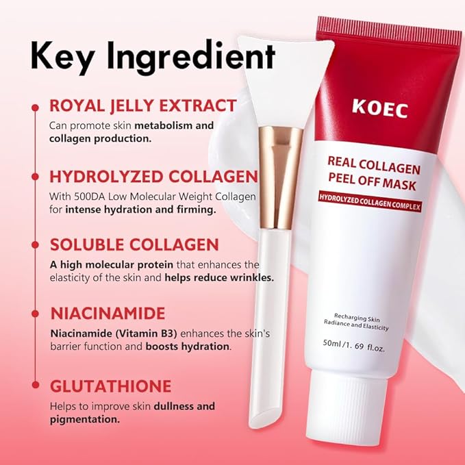 Real Collagen Peel Off Face Mask Collagen Overnight Wrapping Facial Mask,Deep Hydrating,Restores Elasticity,and Refine Pores,Hydrolyzed Collagen with 500 DA for Glass Glow Skin,1.69 fl.oz